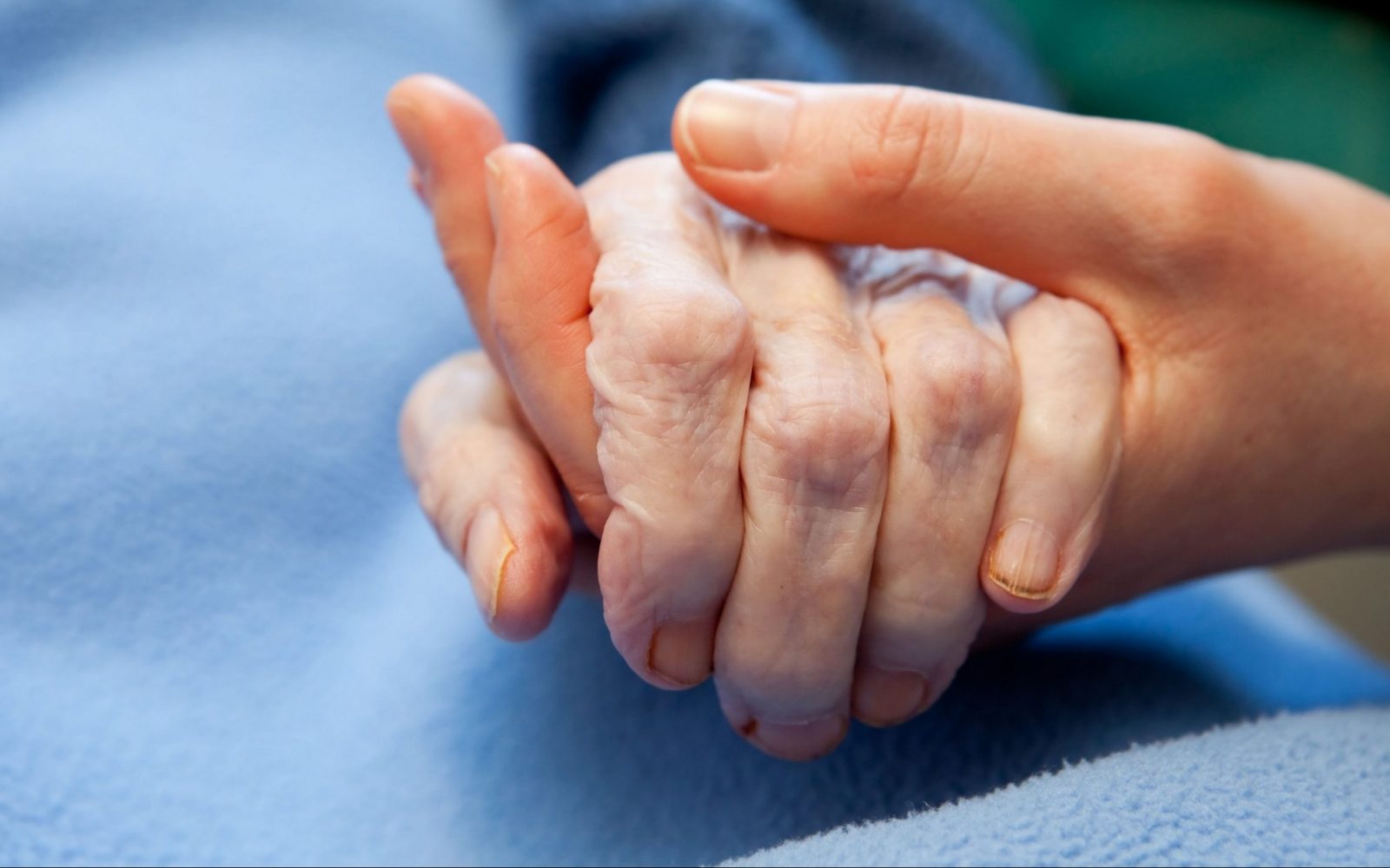 Mlada roka se dotakne stare nagubane roke in jo drži.