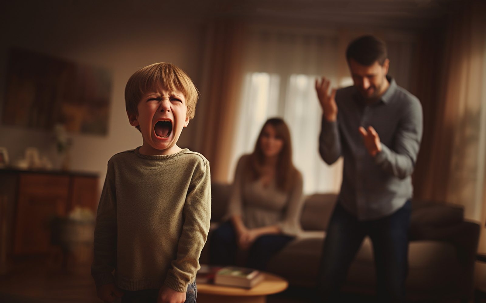 Kričeč otrok, za katerim stojita jezna in obupana starša