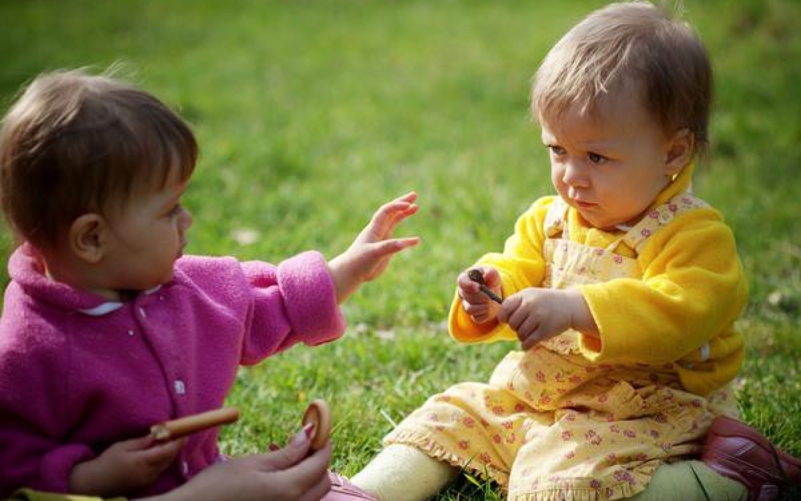 Fotografija prikazuje dva majhna otroka, ki se igrata na travniku. Eden izmed otrok je oblečen v roza, drugi pa v rumena oblačila. Slika poudarja pomembnost igre na prostem za zdrav razvoj in socializacijo otrok. Idealna je za članke o otroškem razvoju, igri na prostem, zdravju otrok in starševstvu.