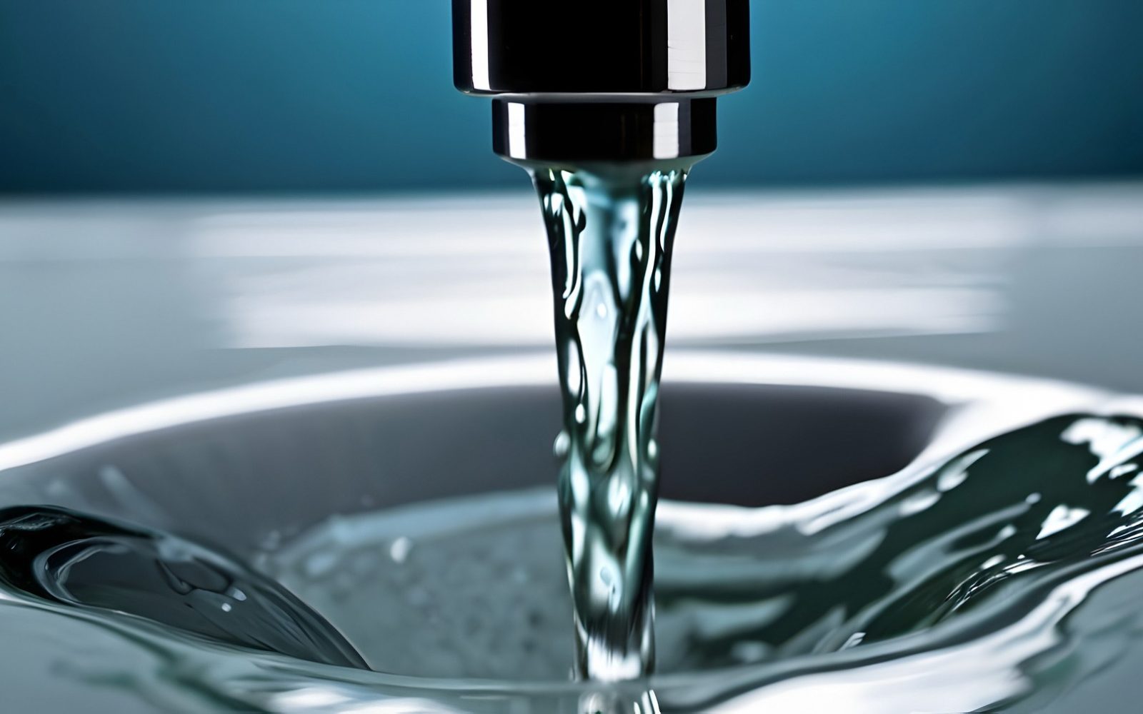 Posnetek čiste, bistro vode, ki teče iz sodobne, stilsko dovršene pipe v umivalnik. Slika poudarja čistost in svežino vode iz pipe z minimalističnim, temnim ozadjem, ki izpostavlja gladke in odsevne površine pipe in umivalnika.