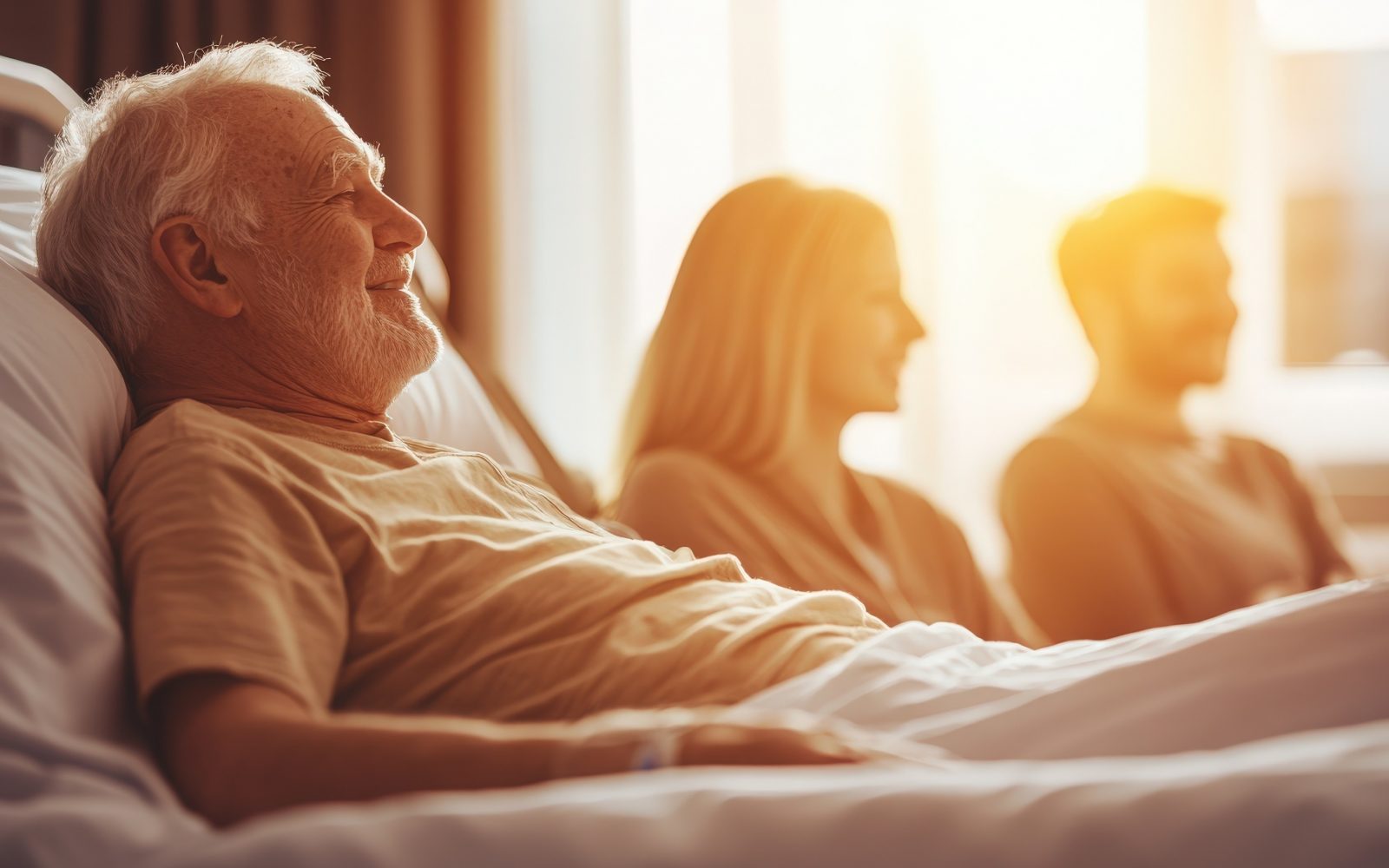 bolnik v bolniški postelji, obkroža ga družina