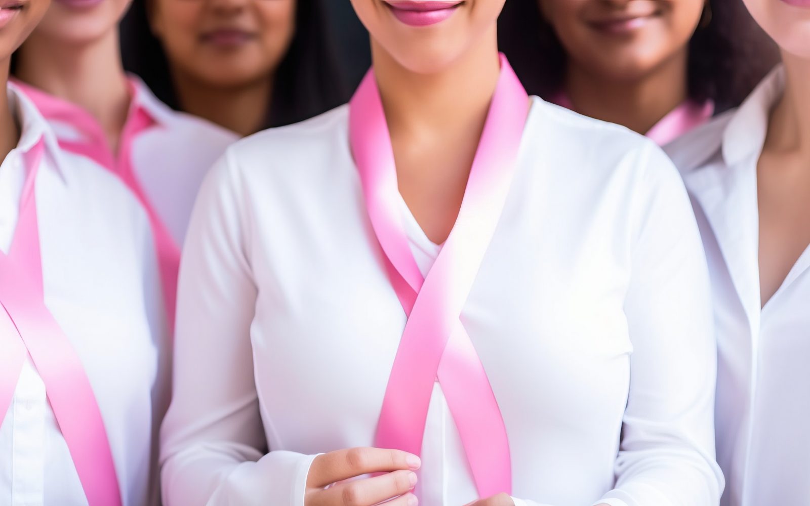 Ženske z roza trakom okoli vratu, v znak ozaveščanja o raku dojk