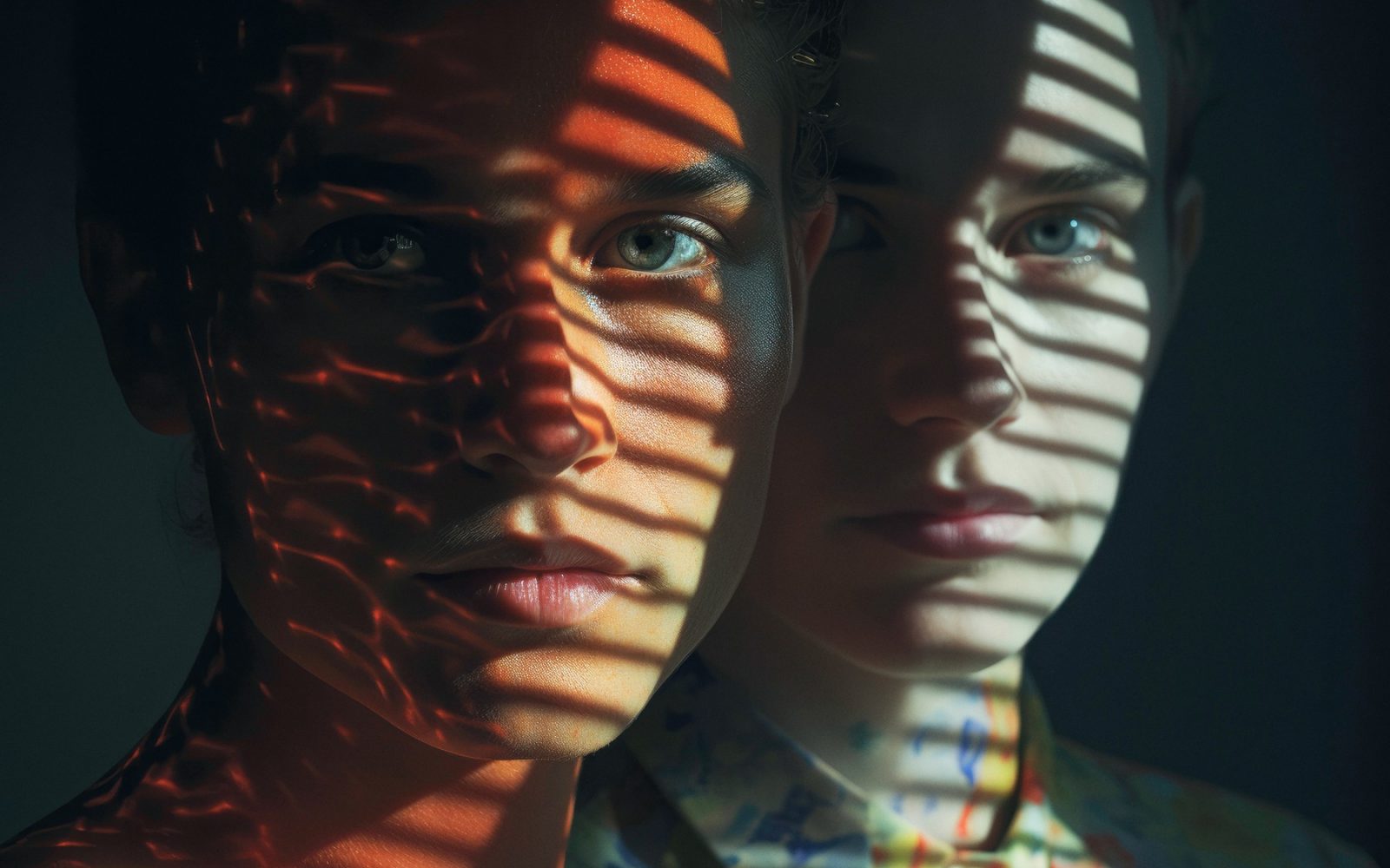 Simbolična fotografija, ki ponazarja kompleksnost narcisizma in osebnostnih motenj skozi igro svetlobe in senc na obrazih dveh oseb. Idealna za vsebine o psihologiji, odnosih in duševnem zdravju.