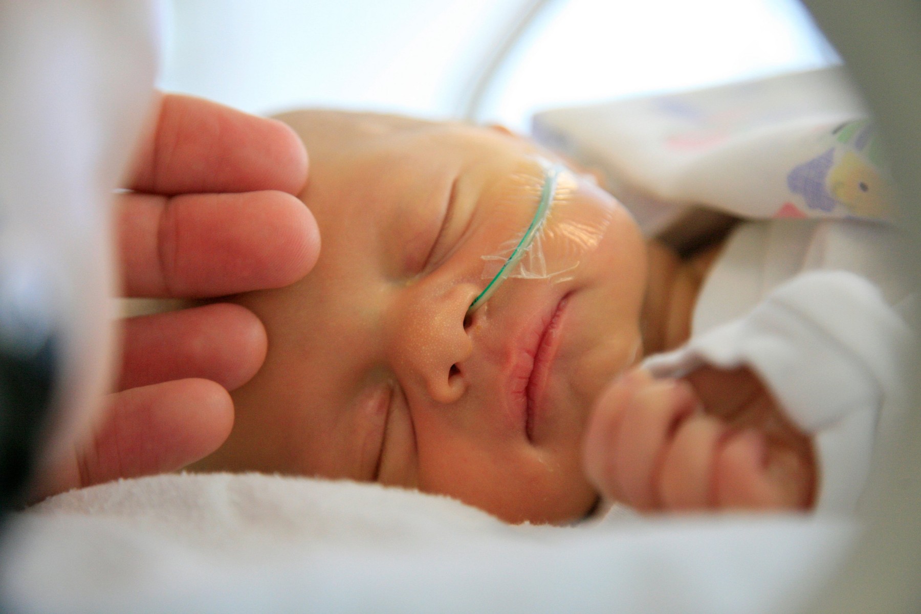 Novorojenček spi v inkubatorju in mama ga neguje