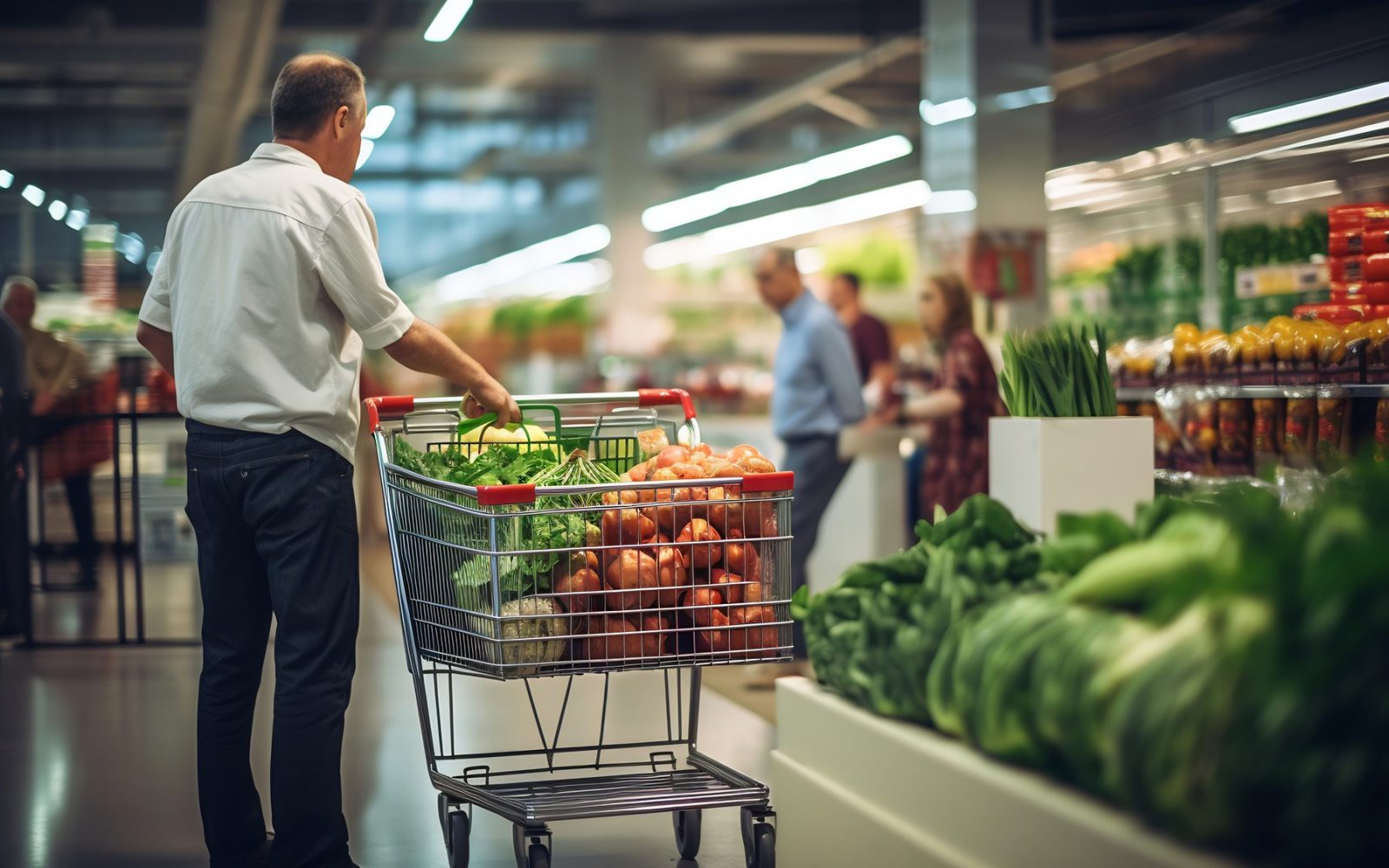 MOški z nakupovalnim vozičkom v trgovini, v ozadju oddelek s sadjem in zelenjavo