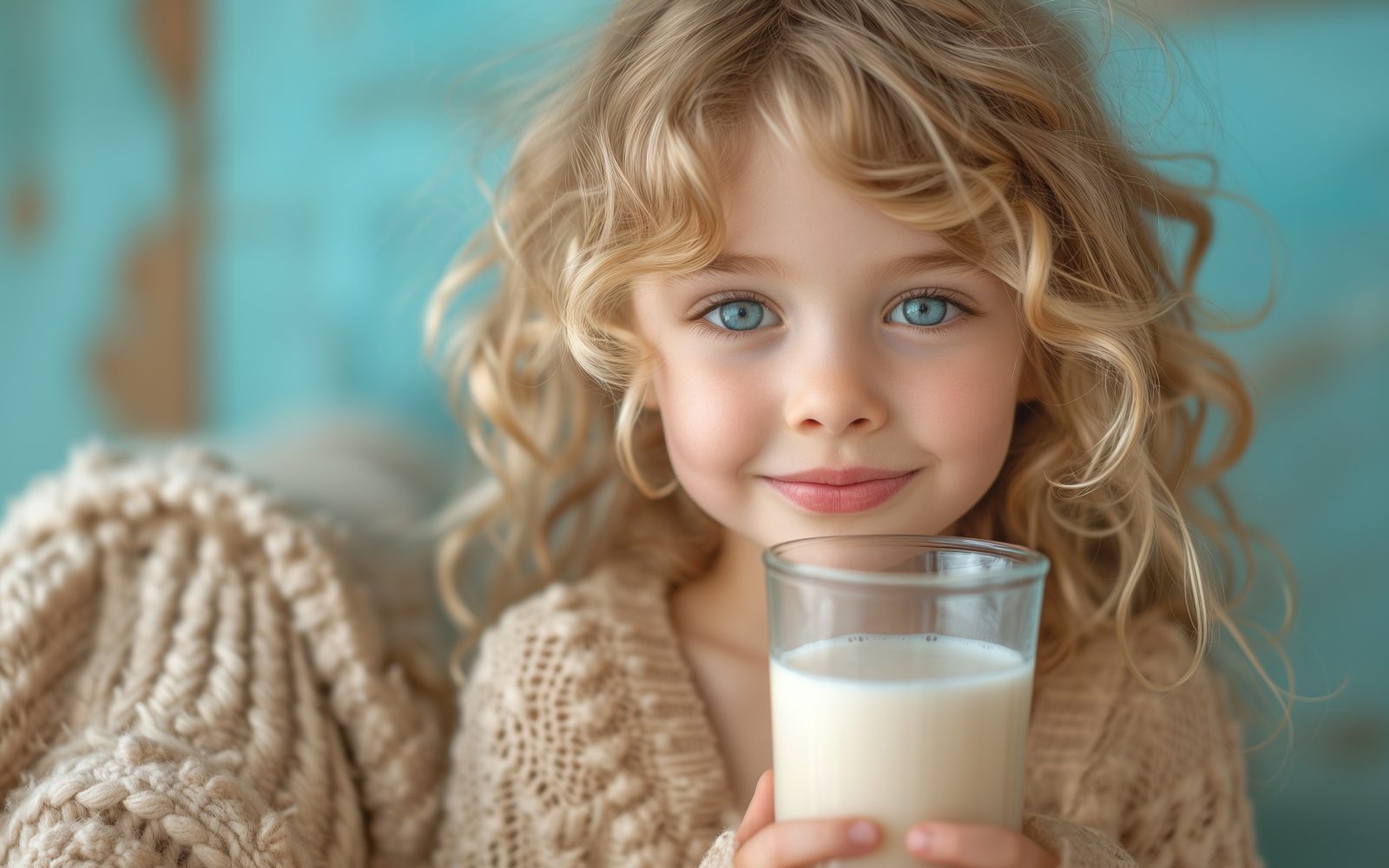 Lepa deklica ima v kozarcu mleko in ga pije