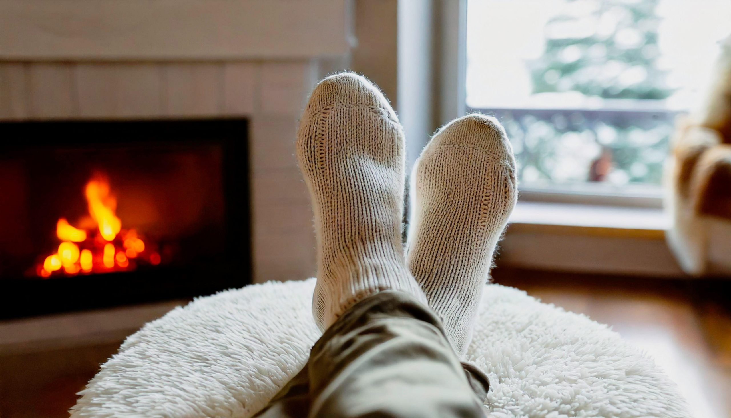 Nekdo sedi z nogami, dvignjenimi v zrak, in v toplih nogavicah