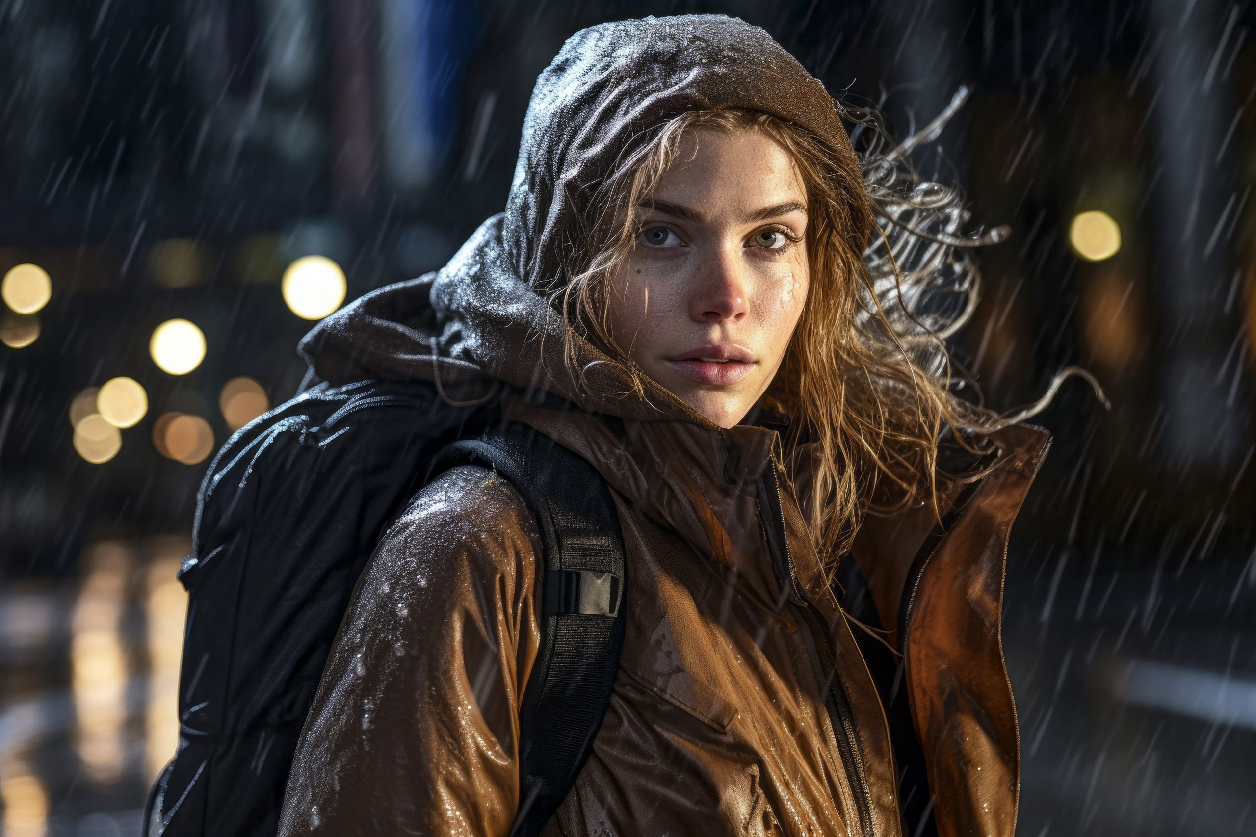 Ženska stoji v dežju, ima mokre lase