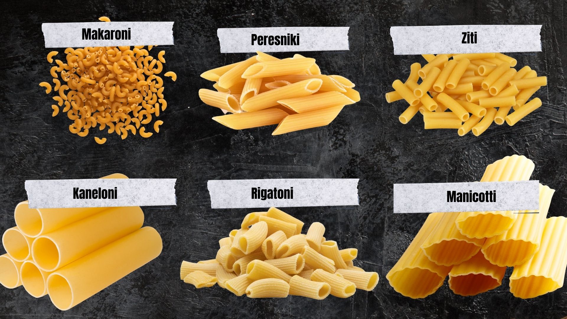 Različne vrste makaronov, vključno s peresniki, rigatoni, cavatappi in drugimi, prikazane na temni podlagi.
