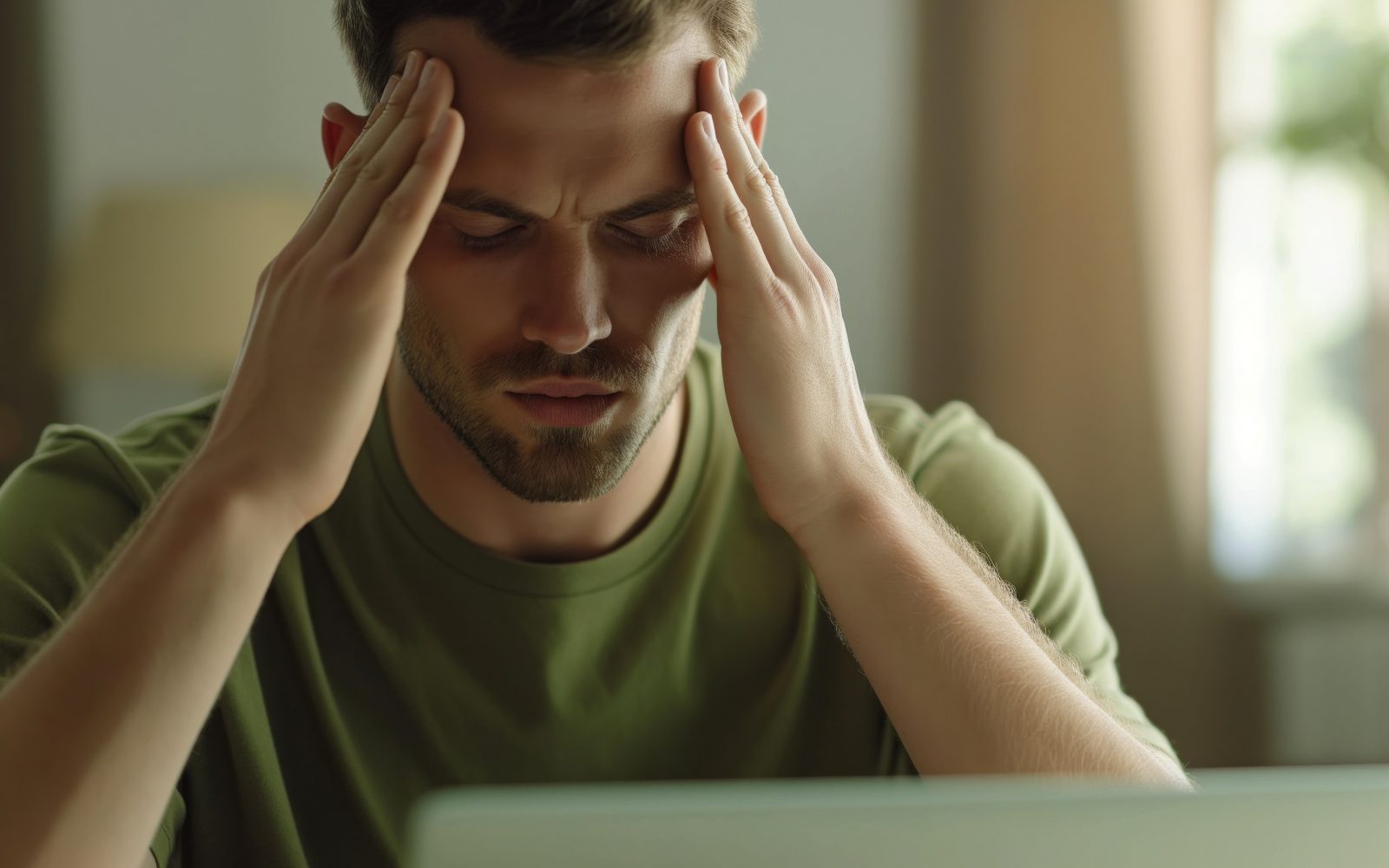Moški se drži za glavo, boli ga, predolgo gleda v ekran