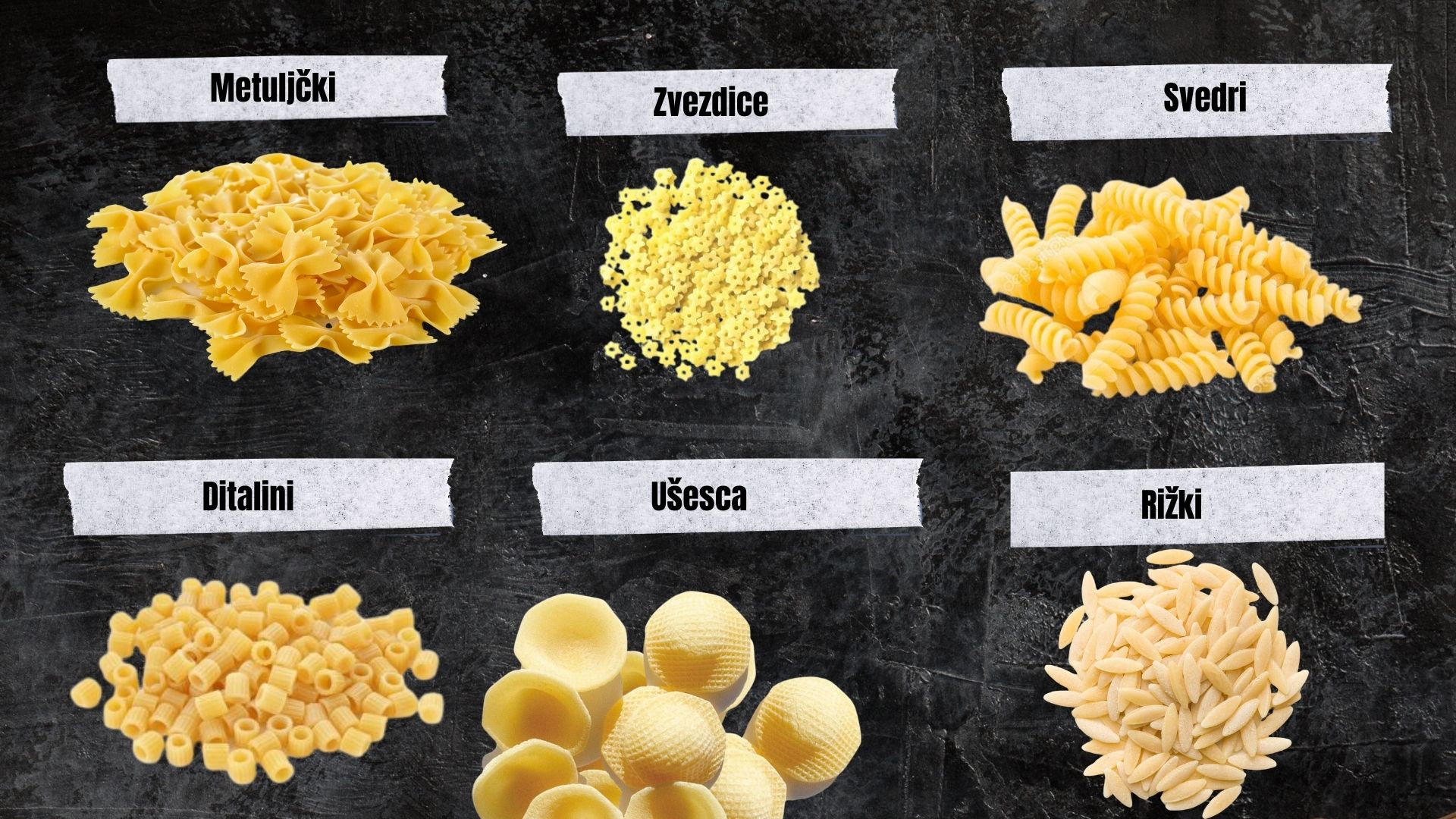 Različne vrste testenin na temni podlagi – metuljčki, zvezdice, svedri, ditalini, ušesca in rižki. Popolne za različne omake in juhe.