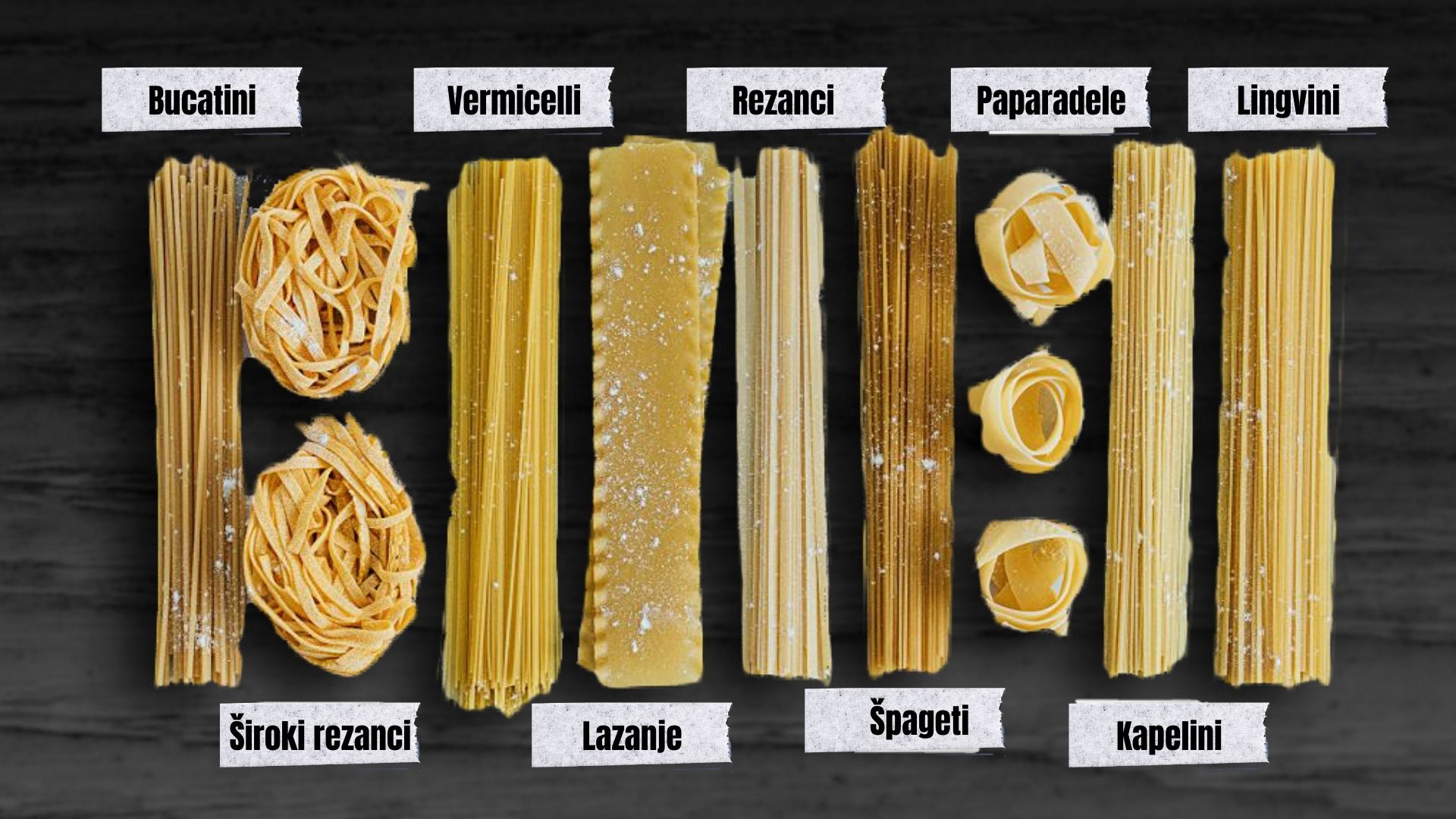 Slika prikazuje različne vrste tankih testenin, vključno s kapelini, špageti, fettuccinami in linguinami. Popolne so za italijanske jedi in se najbolje podajo k lahkim ali gostejšim omakam