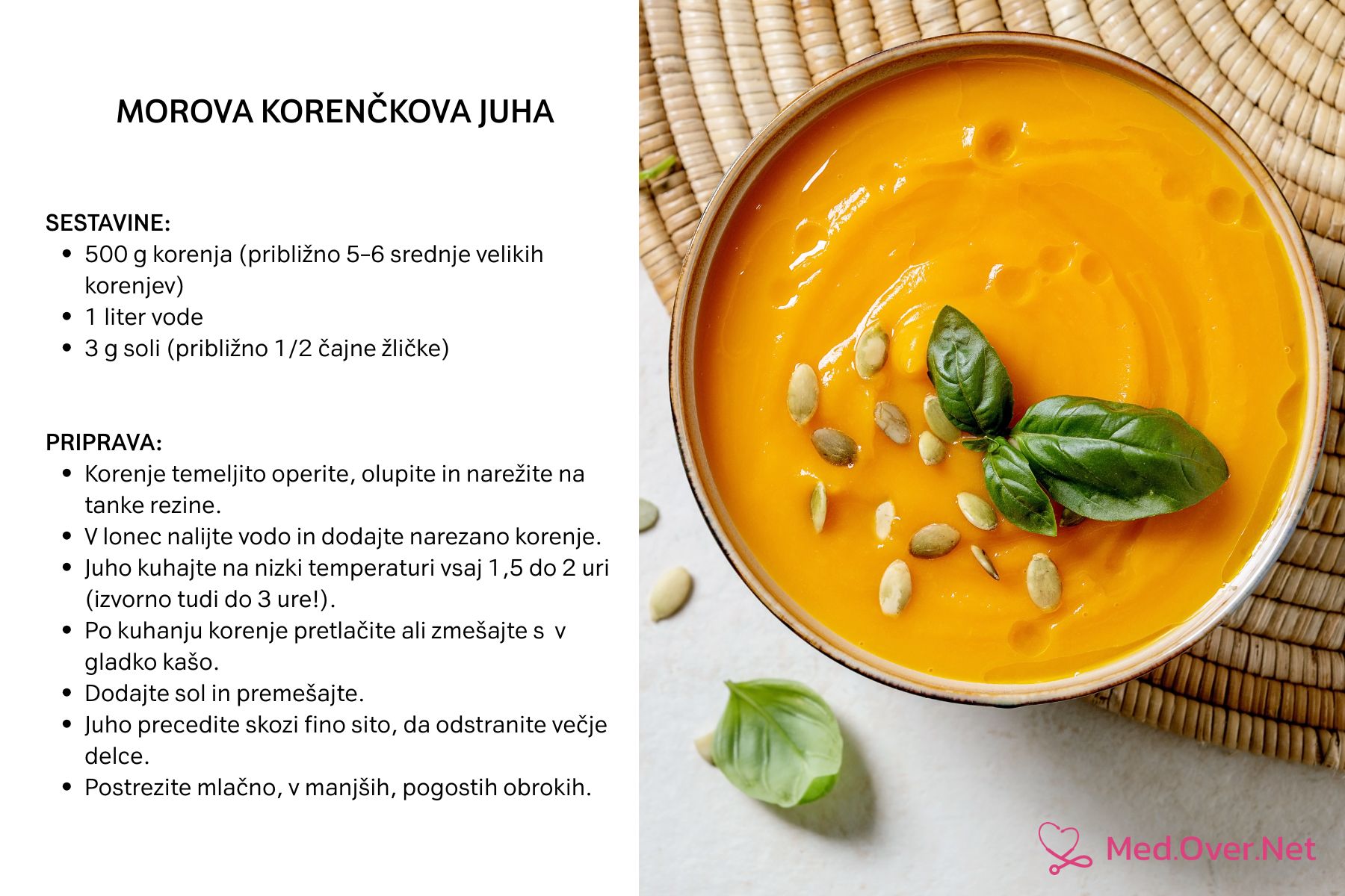 Recept za Morovo korenčkovo juho z juho v skledi in sestavinami na belem ozadju