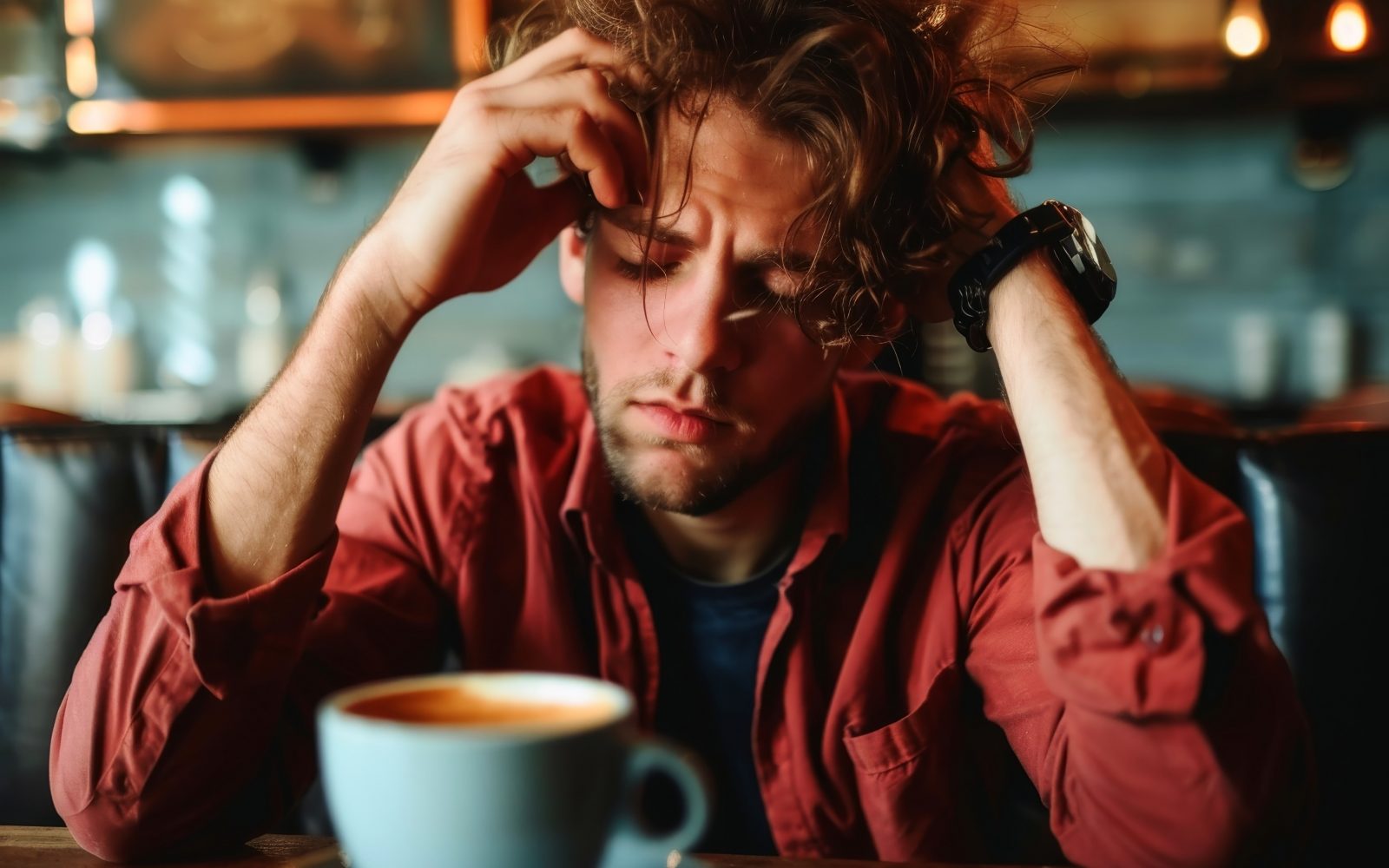 Zaspan moški ima pred sabo kavo