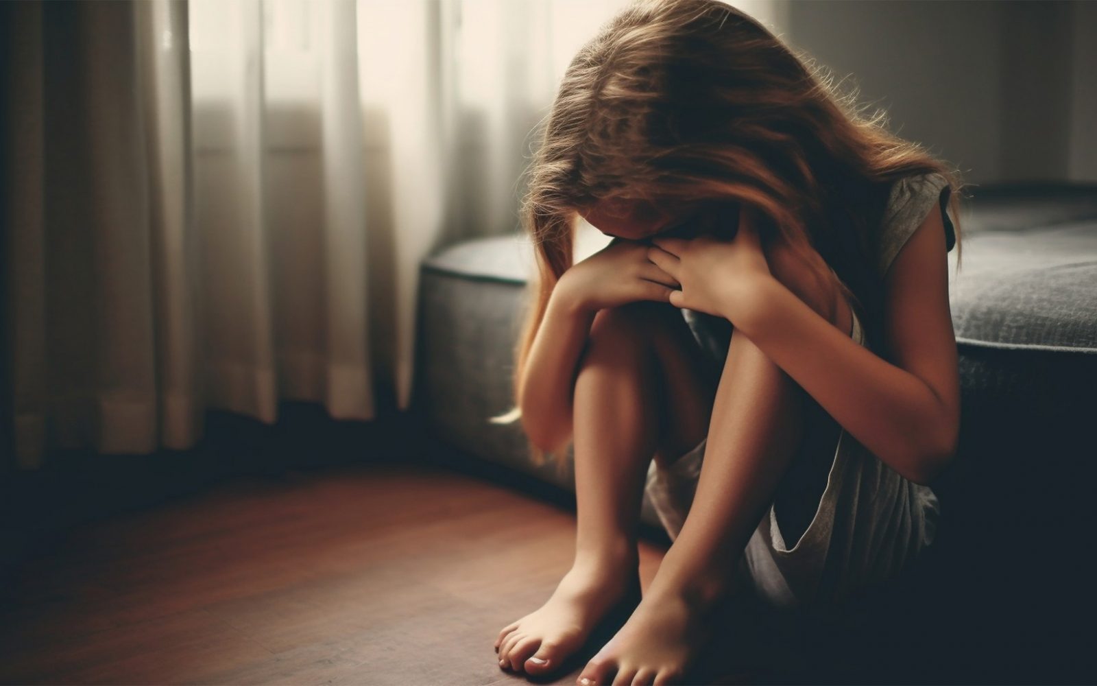 Deklica, ki sedi sklonjene glave ob postelji, kaže znake čustvene stiske po stiku z narcističnim staršem.