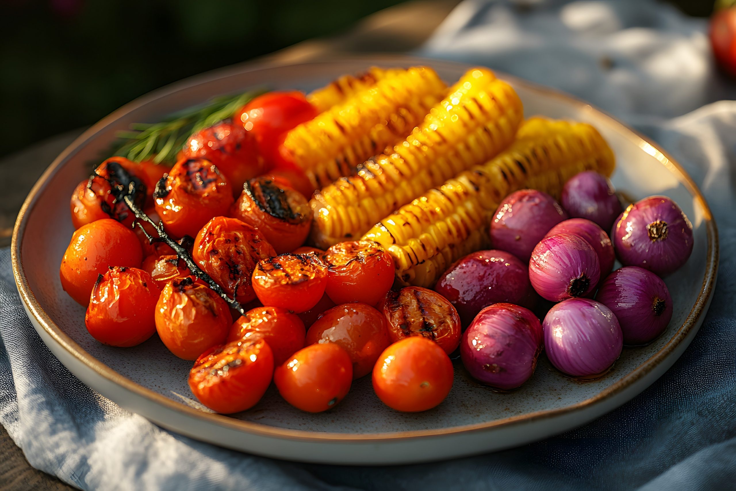 Raznolika pečena zelenjava z žara na krožniku - paradižnik, mlada čebula, koruza