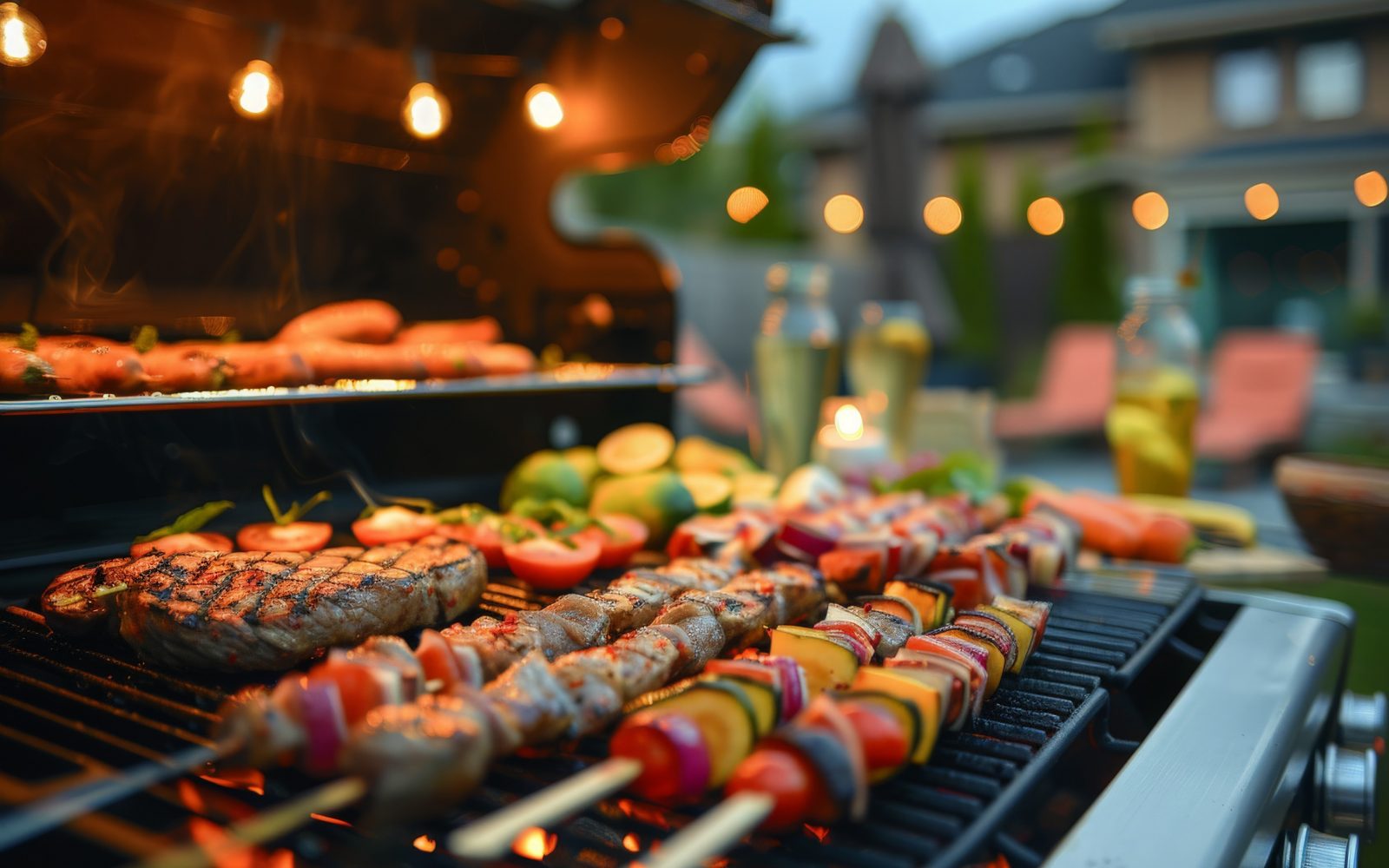 Nasveti za popoln poletni piknik na vrtu - pogled na žar z zrezki, nabodali, pečeno zelenjavo in prilogami.