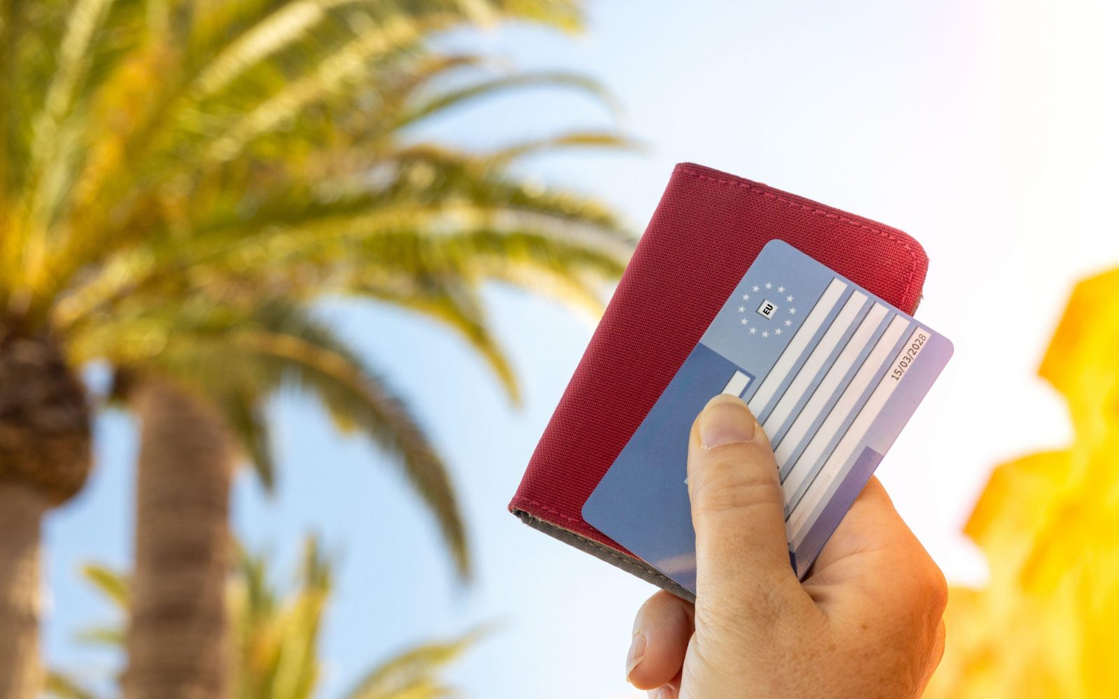 Simbolni prikaz osebe, ki je na dopustu v toplih krajih: roka, ki drži potni list in evropsko kartico zdravstvenega zavarovanja, v ozadju se vidijo listi palme