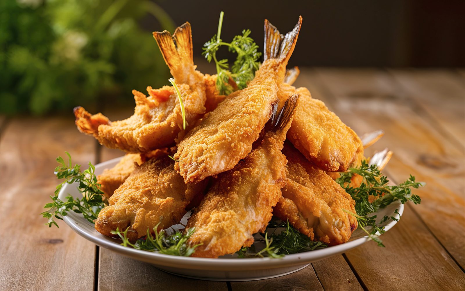 Preprosta poletna ribja jed - hrustljava, ocvrta riba postrežena na krožniku s svežim peteršiljem.