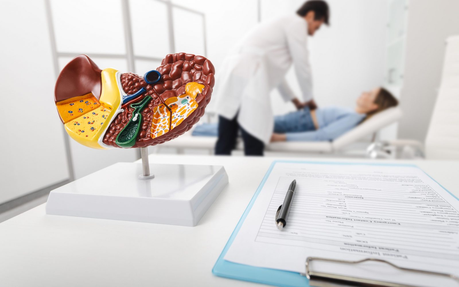 Zdravnik ženski pregleduje trebuh, znak bolezni jeter