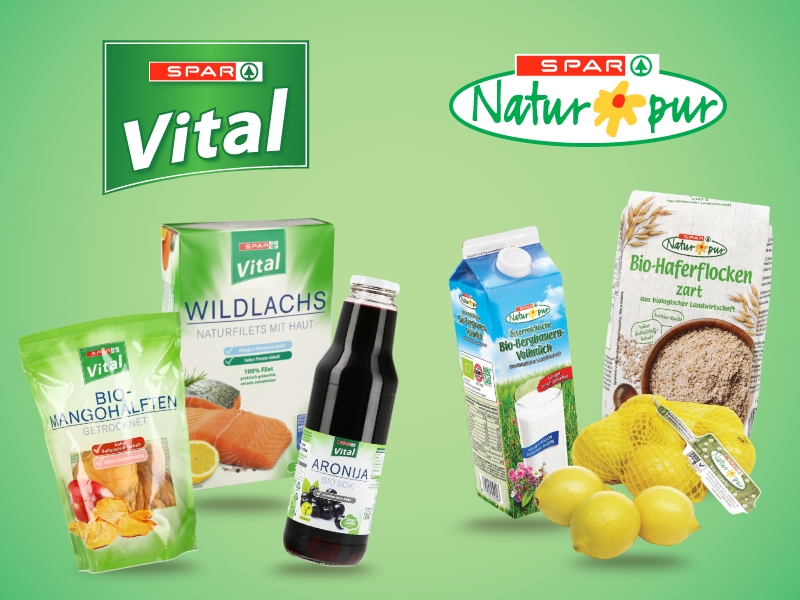 Izdelki Spar Vital in Spar Naturpur: bio ovseni kosmiči, bio mleko, bio limone, bio aronia sok, bio mango in losos."