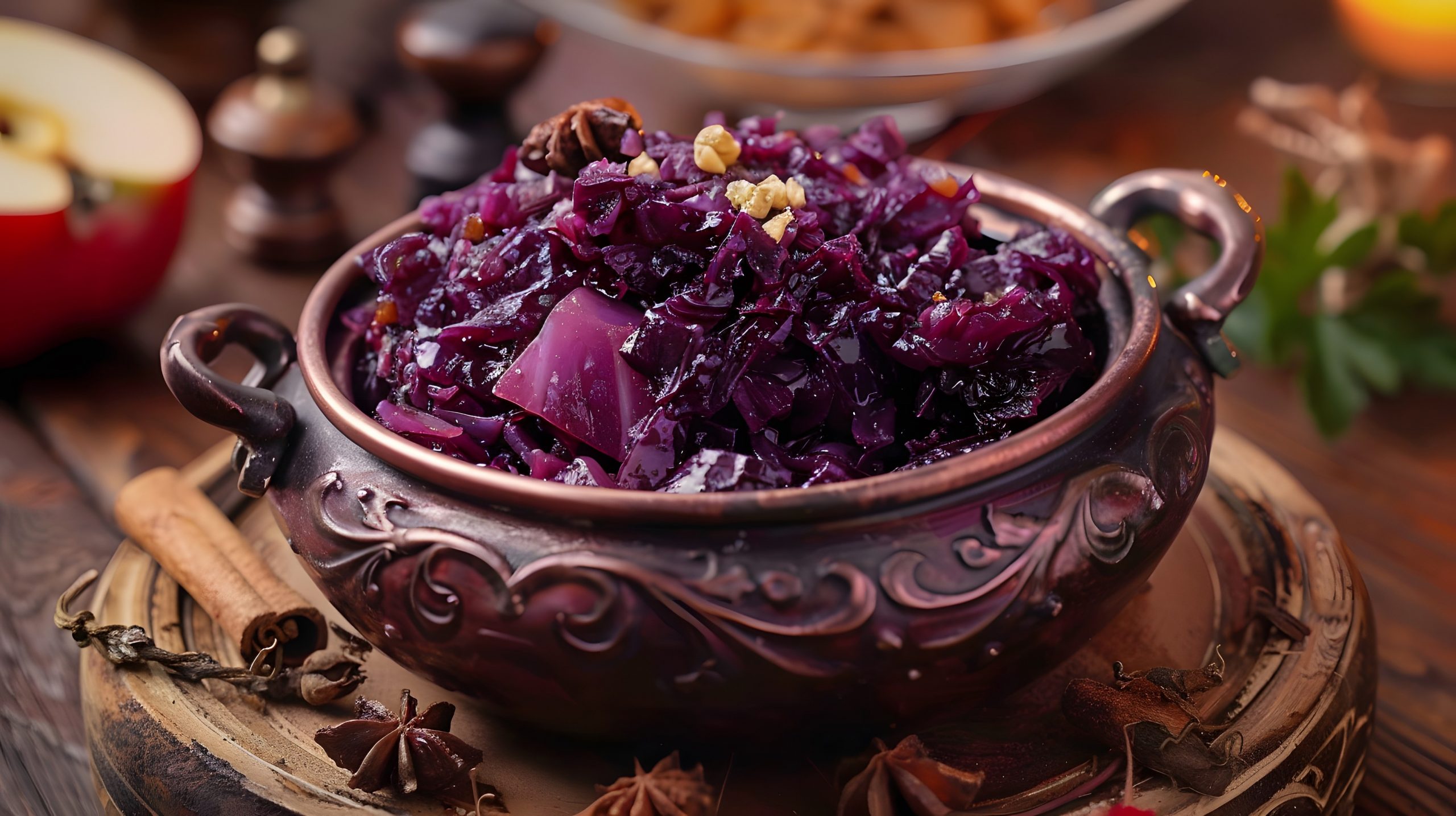 Dušeno rdeče zelje z jabolki in klinčki v temni posodi - tradicionalna priloga za martinovo pojedino