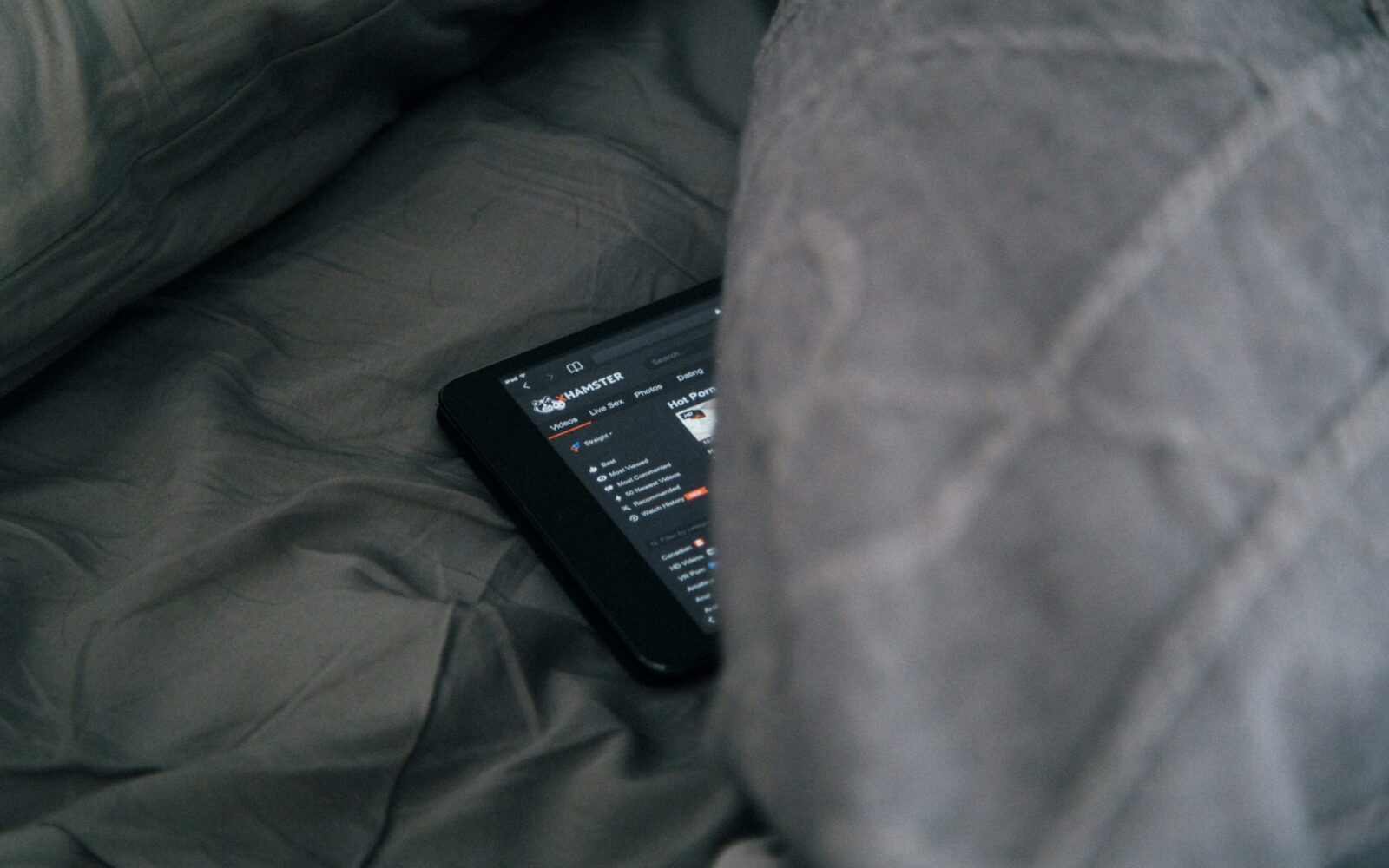 na postelji pod kovtrom je skrit telefon, na katerem je odprta pornografska stran