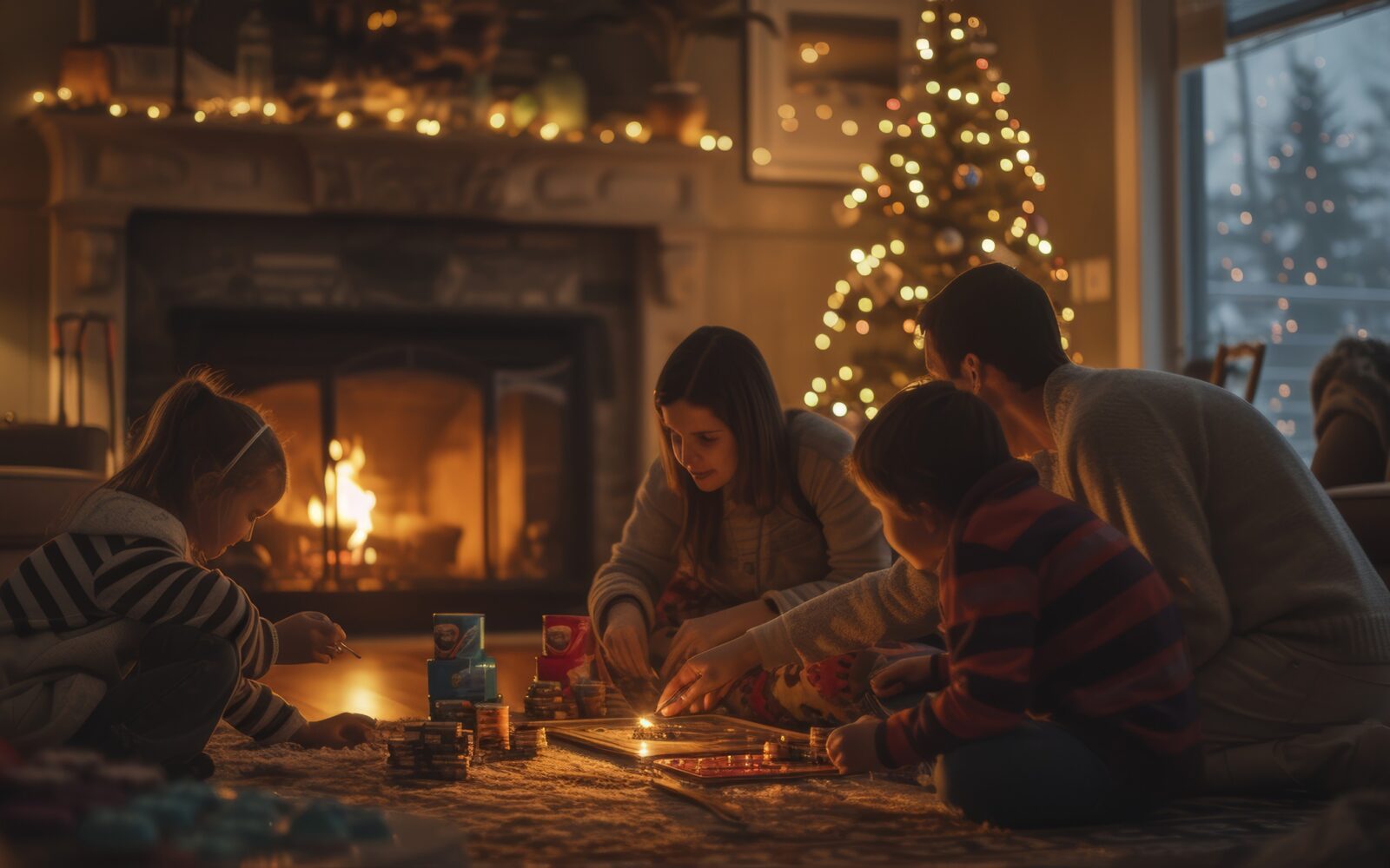 Štiričlanska družina sedi ob kaminu ob okrašeni smrekici in igra družabne igre.