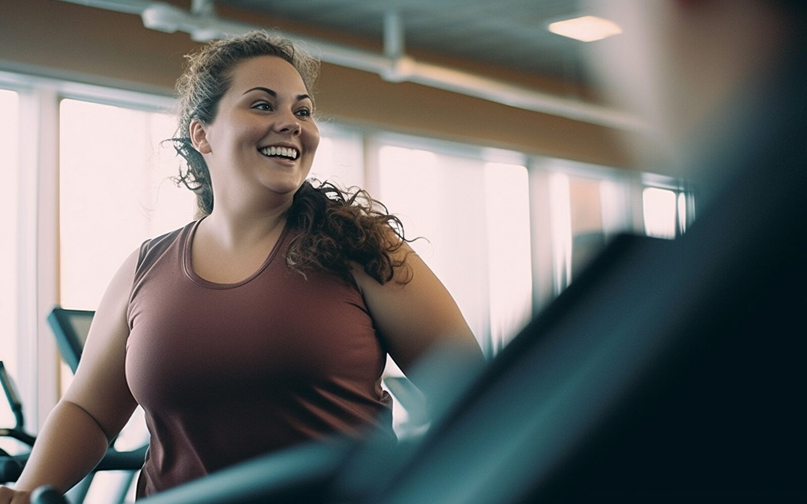 Ženska s prekomerno telesno težo vadi v fitnesu; ob hujšanju so pomembne vaje za moč, da se ne izgublja mišična masa