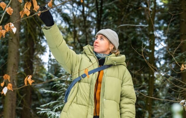 Mlada ženska izvaja tehnike prizemljitve v zimski naravi - dotika se vej in suhega listja