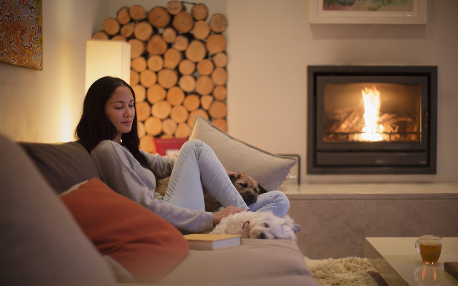 Umirjena ženska sedi na kavču, pri nogah ji ležita dva kužka, v ozadju je kamin