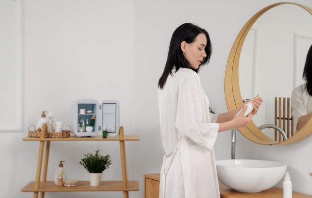 Ženska v jutranji halji gleda kozmetični negovalni izdelek
