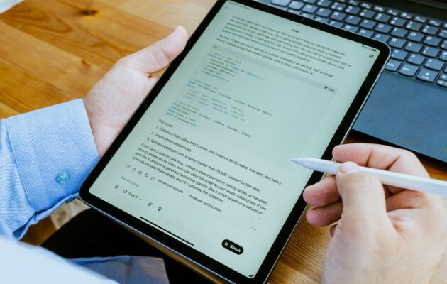 Moški v rokah drži tablico in uporablja ChatGpt, klepetalnik z umetno inteligenco.